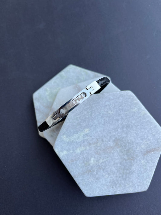 Geometric Stainless Steel Leather Braided Bracelet
